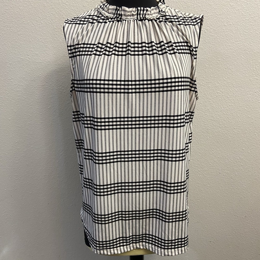 Ann Taylor Women's Black & White Sleeveless Blouse High Neck Large‎
